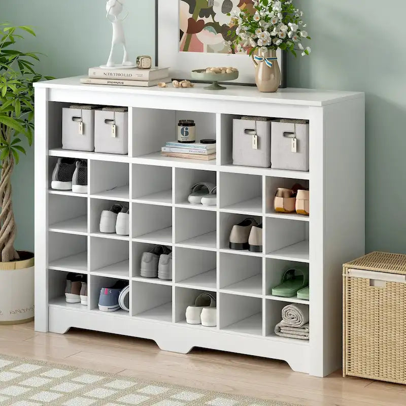 Meuble de rangement 24 compartiments pour chaussures au design élégant, meuble à chaussures moderne avec base incurvée, buffet polyvalent de haute qualité pour l'entrée