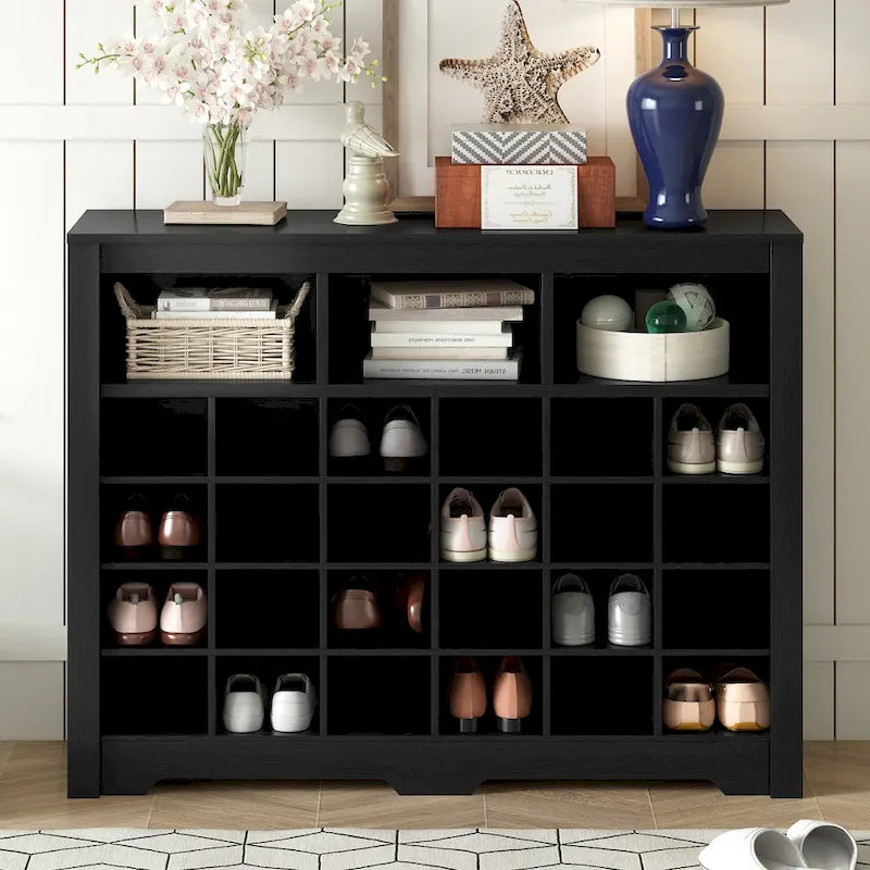 Meuble de rangement 24 compartiments pour chaussures au design élégant, meuble à chaussures moderne avec base incurvée, buffet polyvalent de haute qualité pour l'entrée