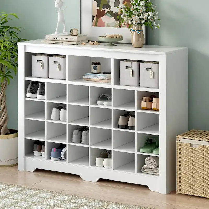 Meuble de rangement 24 compartiments pour chaussures au design élégant, meuble à chaussures moderne avec base incurvée, buffet polyvalent de haute qualité pour l'entrée