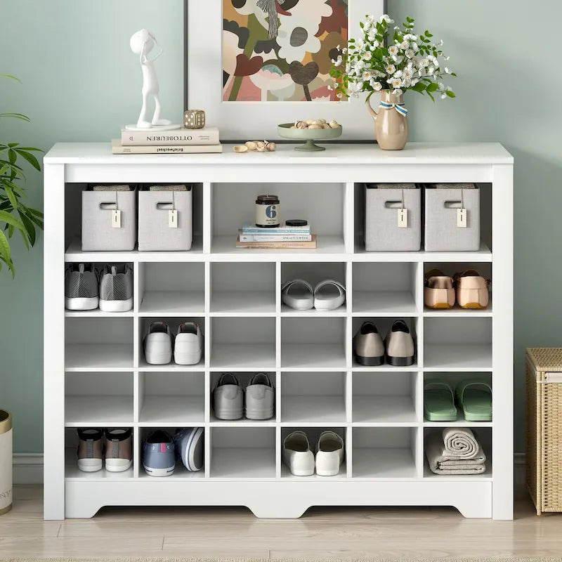 Meuble de rangement 24 compartiments pour chaussures au design élégant, meuble à chaussures moderne avec base incurvée, buffet polyvalent de haute qualité pour l'entrée