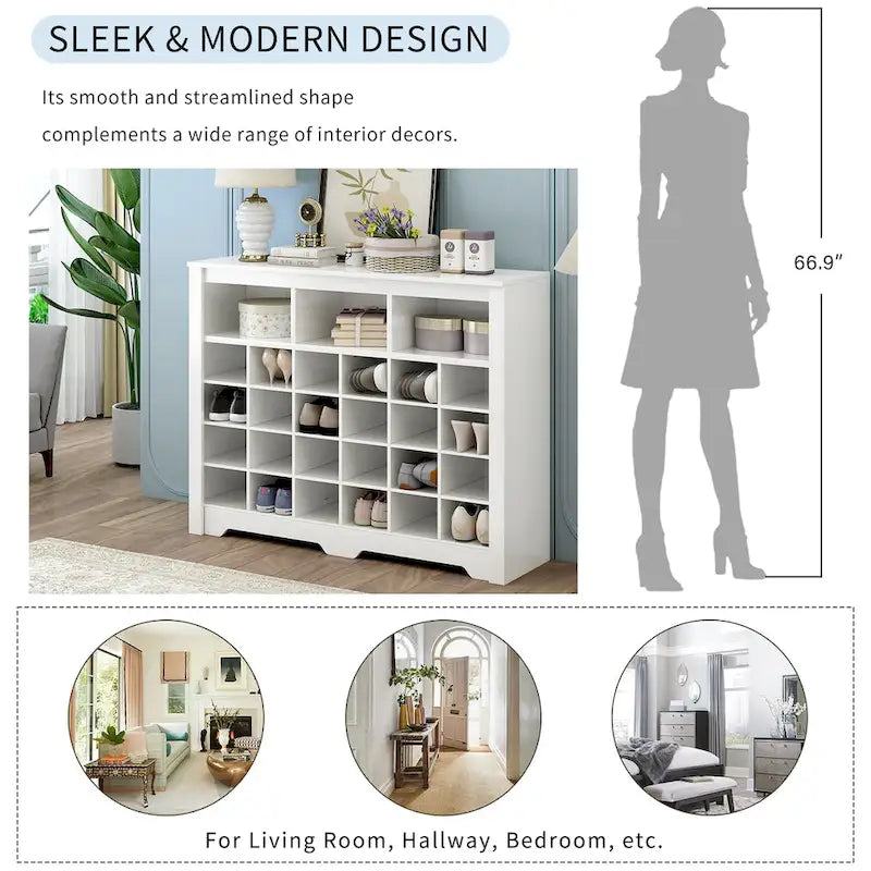 Meuble de rangement 24 compartiments pour chaussures au design élégant, meuble à chaussures moderne avec base incurvée, buffet polyvalent de haute qualité pour l'entrée
