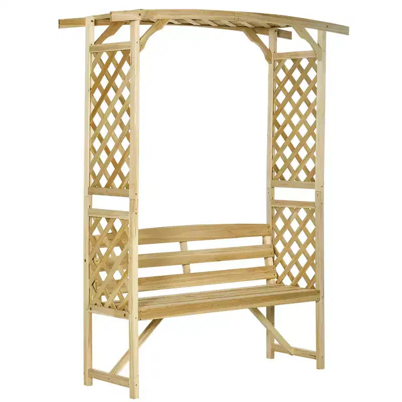 Banc de jardin Outsunny avec arche pergola et 2 treillis, banc extérieur 3 places en bois naturel pour vignes et plantes grimpantes
